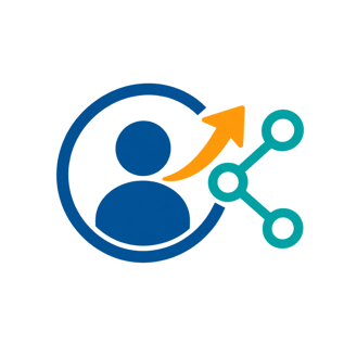 Blue figure, orange arrow, teal nodes
