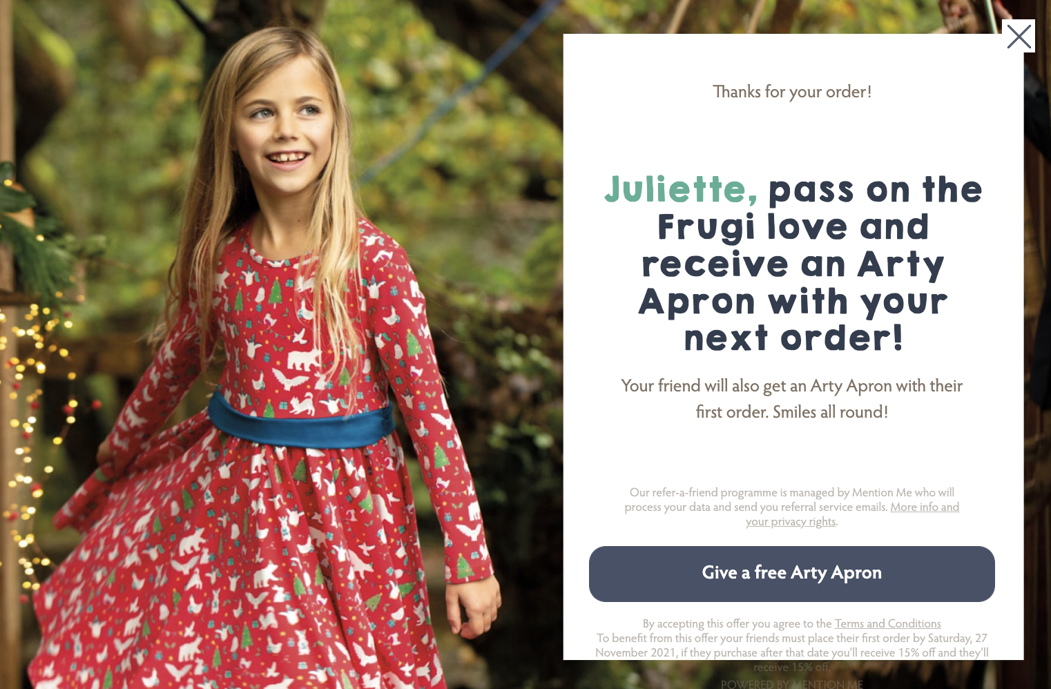 Frugi's referral offer for a free apron last Black Friday