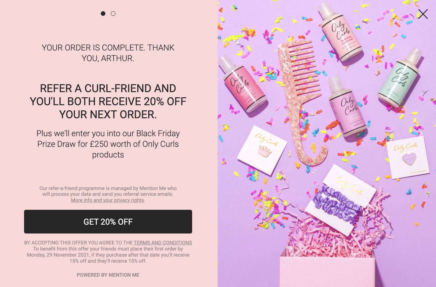 Only Curls promotes its referral offer for Black Friday 2021